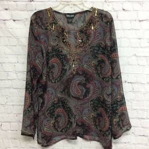 Zero Zero Womens Blouse Black Red Paisley Long Sleeve Keyhole Neck Embellished L